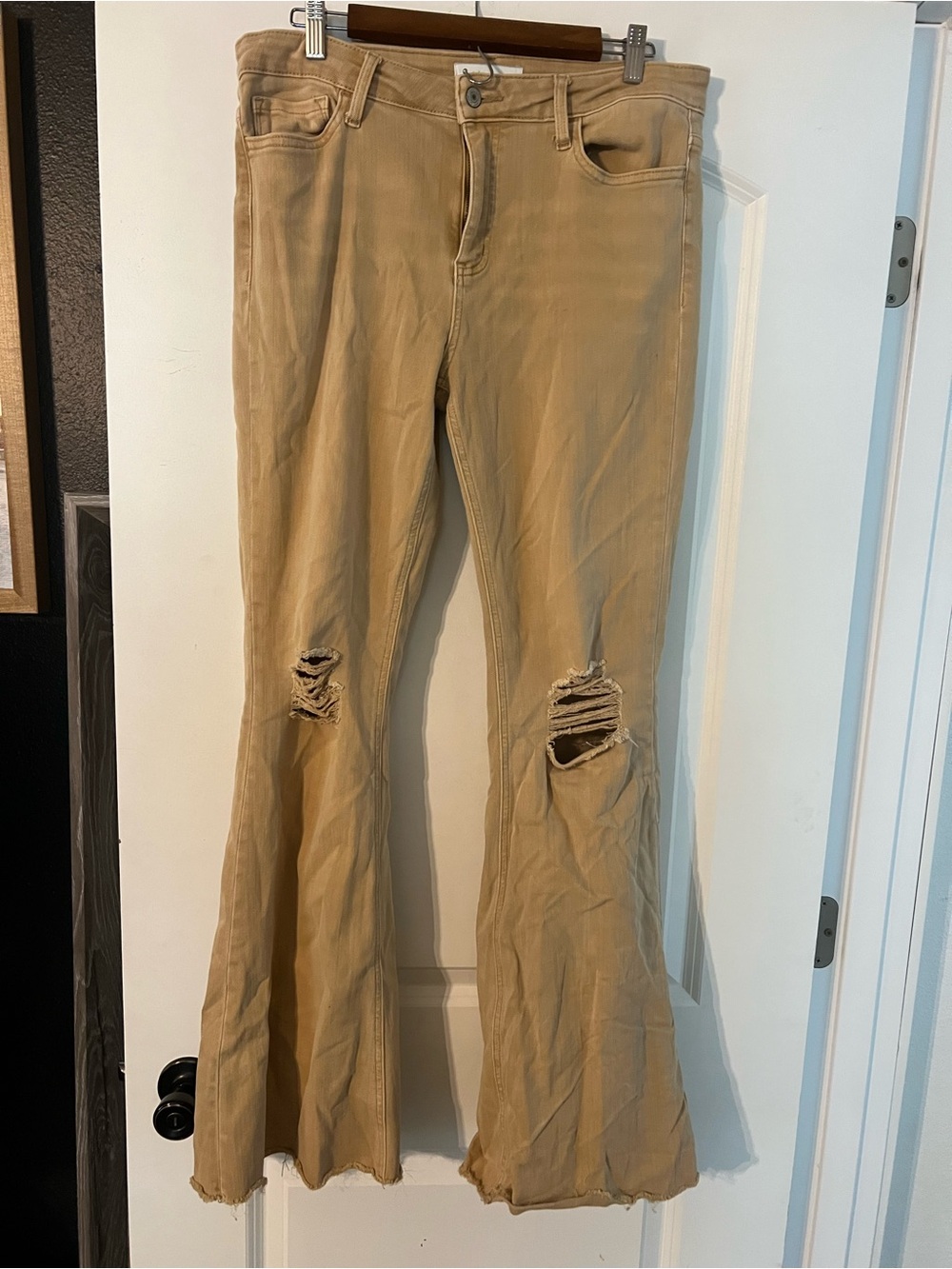 High-Rise Distressed Flare Jeans in Tan